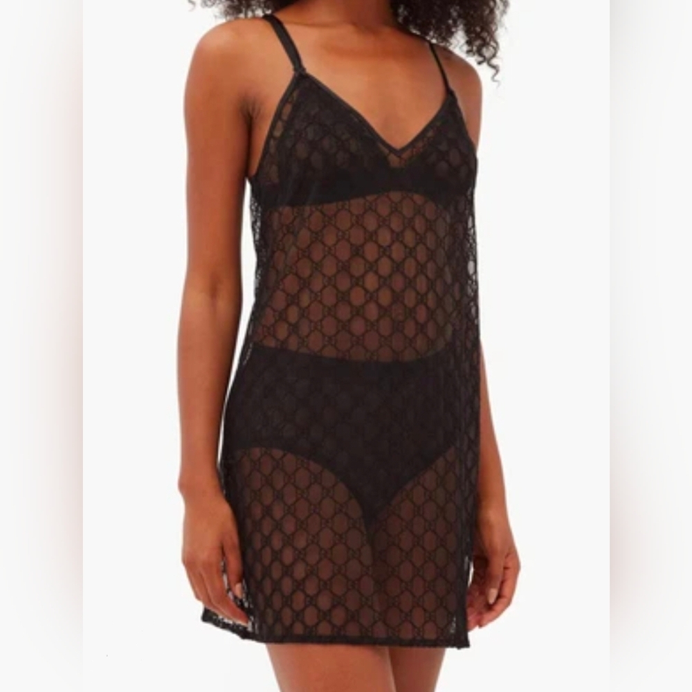 NWT Gucci Black Sheer Embroidered GG Lingerie Nightgown